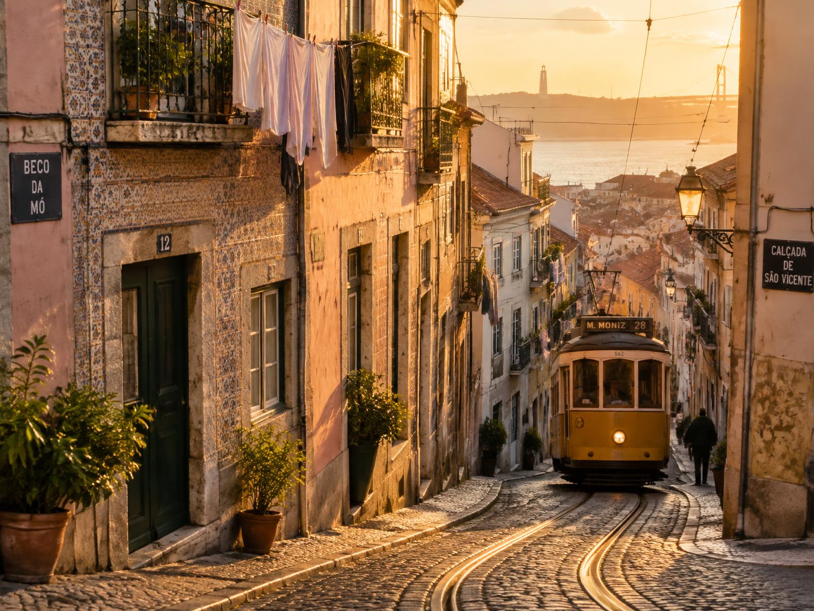 Beco da Mó at golden hour, tram 28 heading down to the river